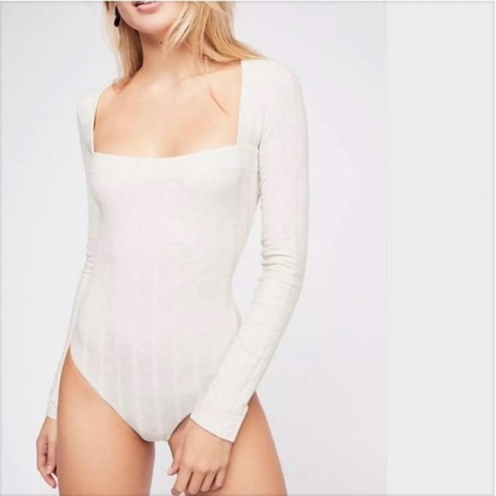 Free People Beside Me Oatmeal Long Sleeve Bodysuit